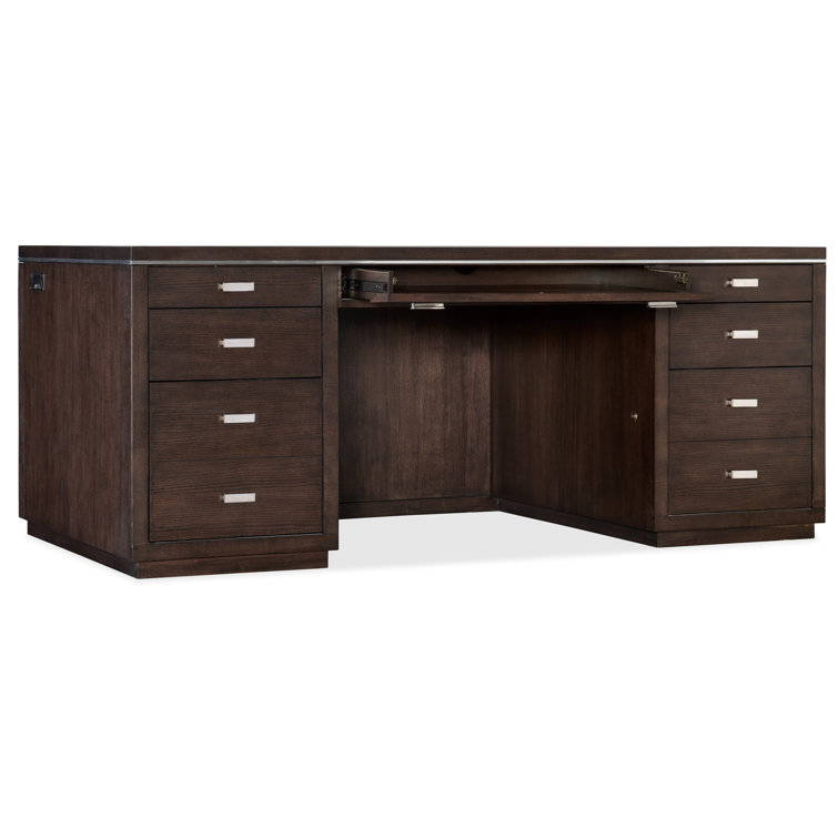 Transitional Brown Wood Executive Desk with Drawers and Keyboard Tray