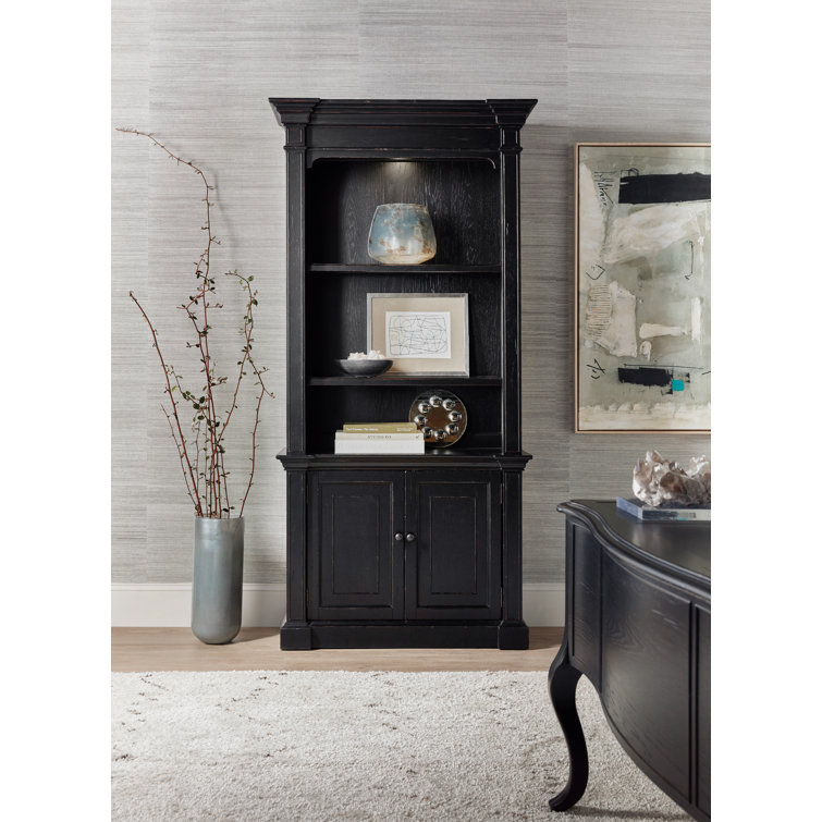 Traditional Black Wood Bookcase with Adjustable Shelves and Doors