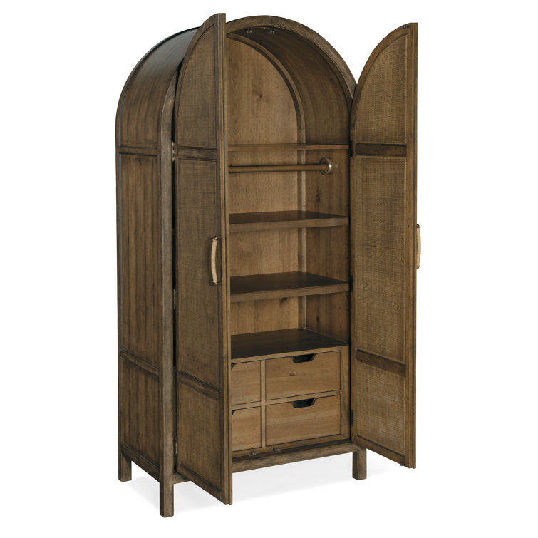 Loriana Rustic Brown Pecan Veneer & Rattan Armoire with Soft-Close Drawers