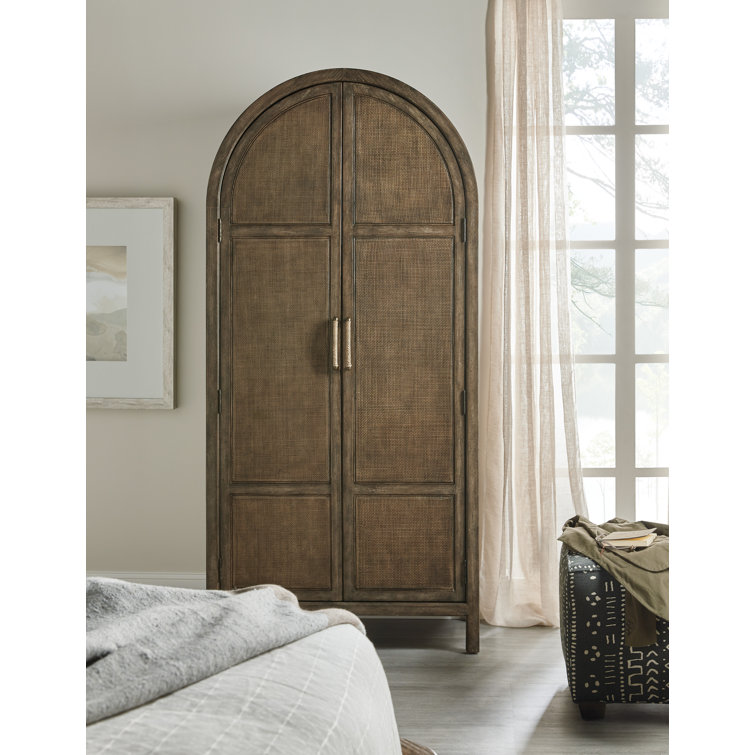 Loriana Rustic Brown Pecan Veneer & Rattan Armoire with Soft-Close Drawers