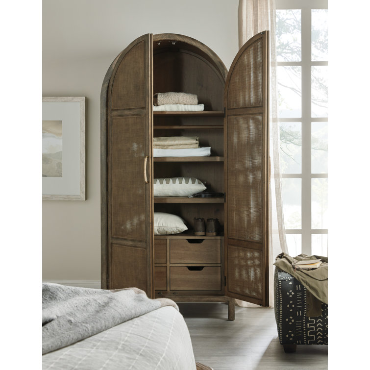 Loriana Rustic Brown Pecan Veneer & Rattan Armoire with Soft-Close Drawers