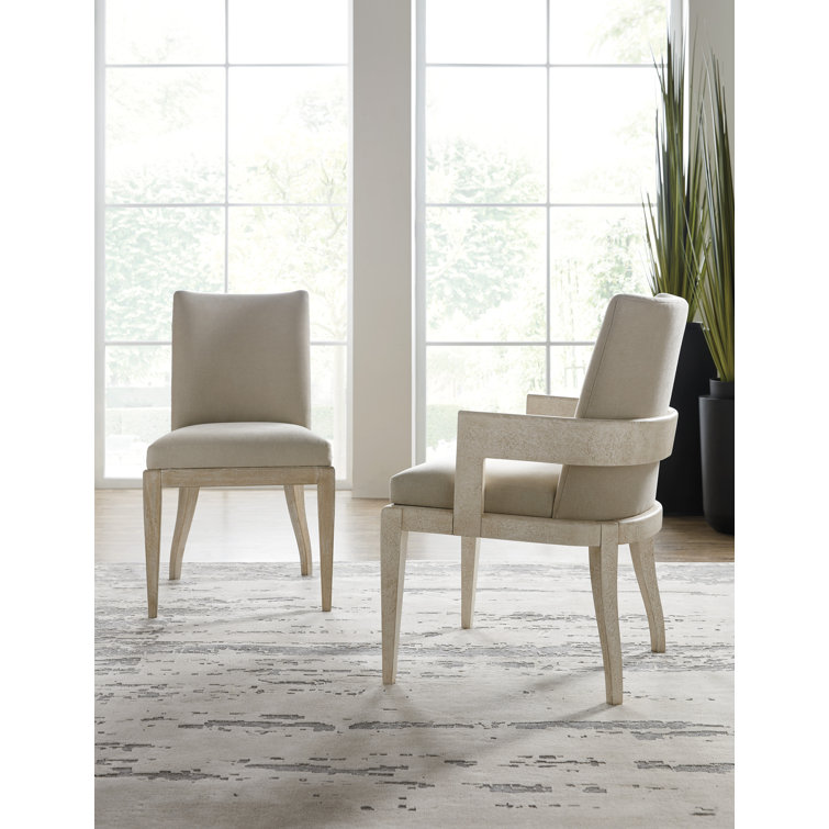 Beige Upholstered Arm Chair with Textured Wood Finish