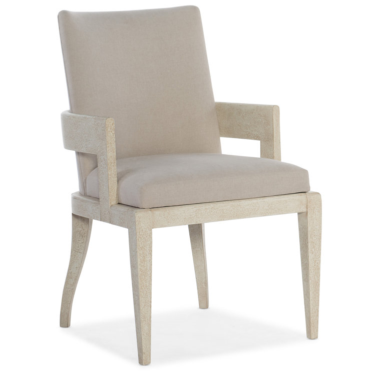 Beige Upholstered Arm Chair with Textured Wood Finish
