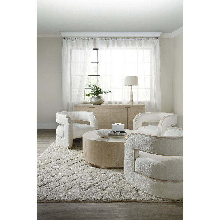 42" Transitional Beige & Gold Round Wood Coffee Table with Metal Trim