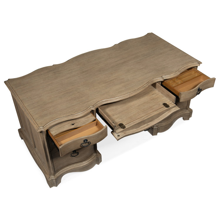 Traditional Beige Solid Wood Executive Desk with Scallop Base and Bronze Accents