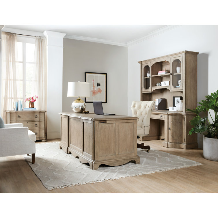 Traditional Beige Solid Wood Executive Desk with Scallop Base and Bronze Accents