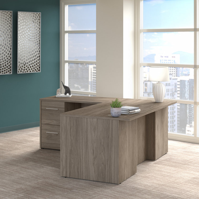 Modern Hickory Executive L-Shaped Desk with Filing Cabinets