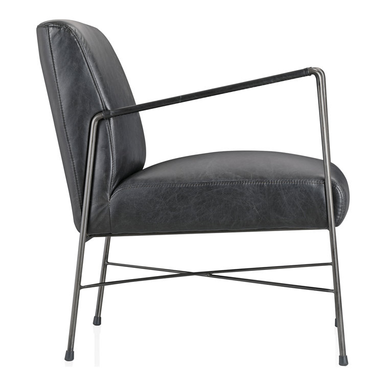 Dagwood Black Geometric Top-Grain Leather Chaise with Metal Frame