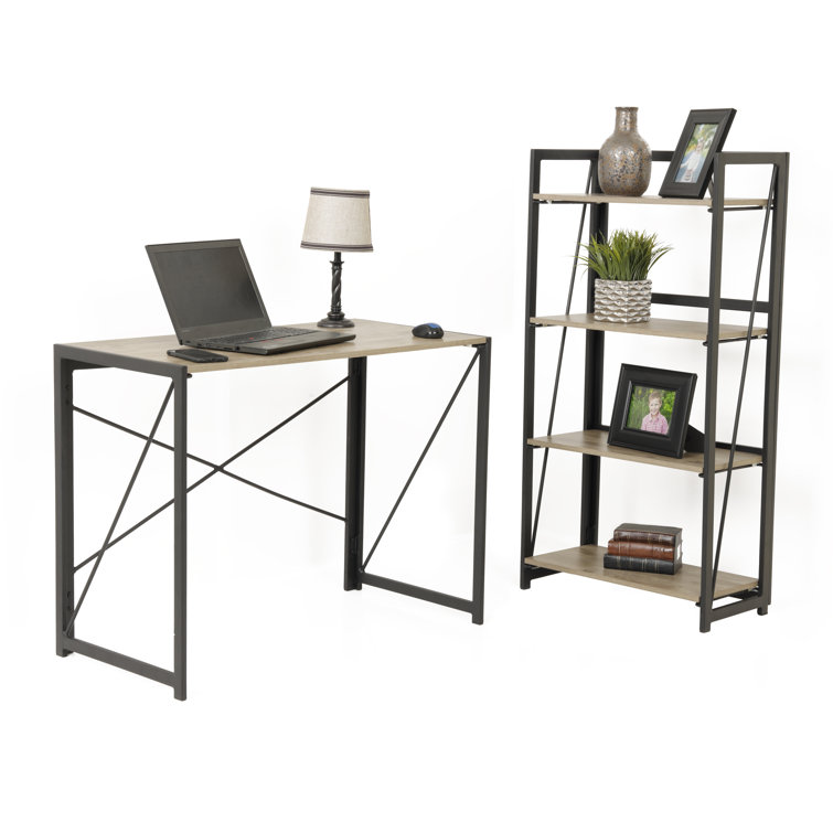 Sewn Oak Laminate No-Tool Writing Desk with Black Metal Legs