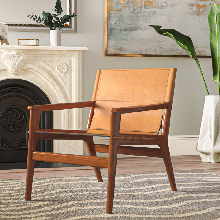 Culkin Modern Brown Leather Sling Armchair with Mahogany Frame