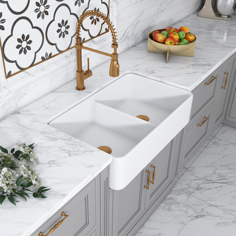 Trieste 32'' White Fireclay Double Bowl Farmhouse Sink