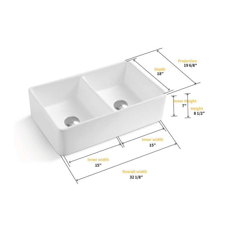 Trieste 32'' White Fireclay Double Bowl Farmhouse Sink
