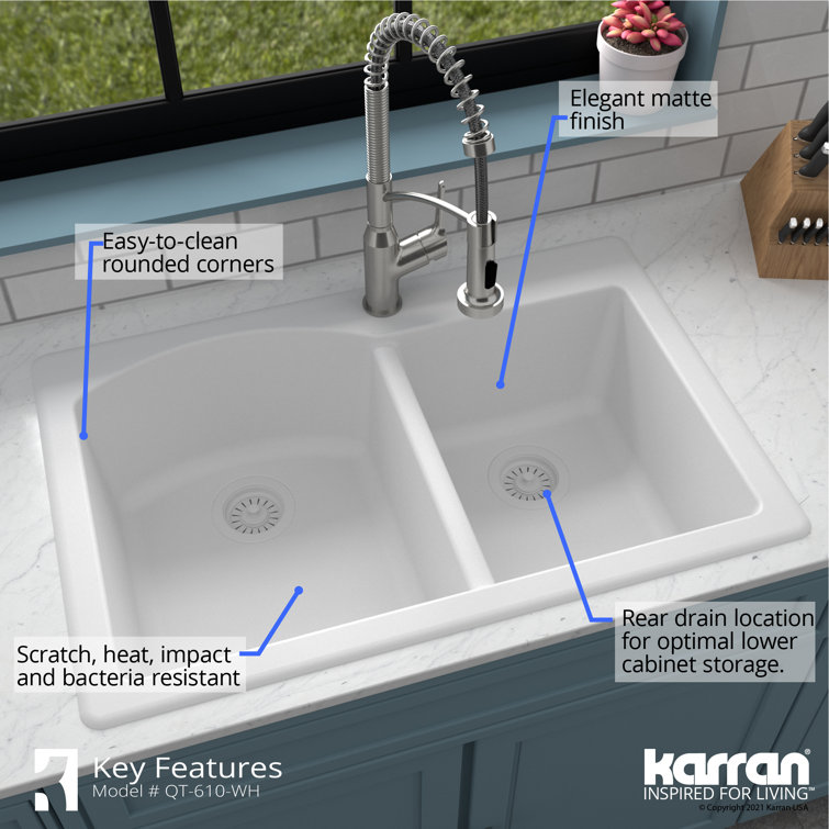 White Quartz Composite Double Bowl Kitchen Sink, 33" x 22"