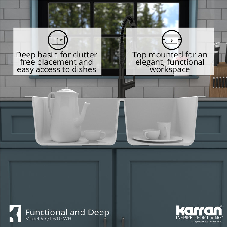 White Quartz Composite Double Bowl Kitchen Sink, 33" x 22"