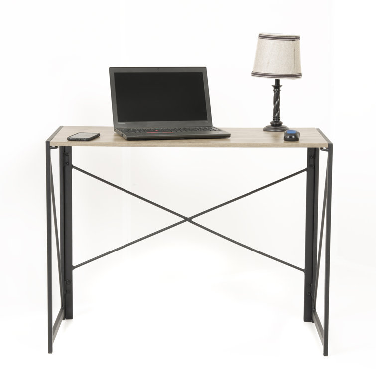 Sewn Oak Laminate No-Tool Writing Desk with Black Metal Legs