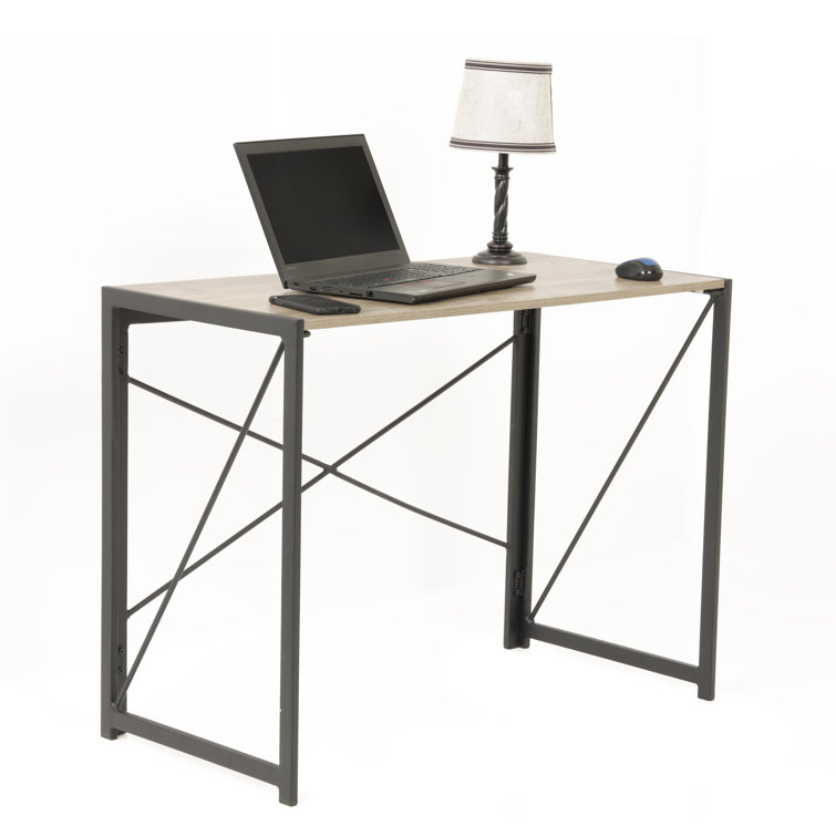 Sewn Oak Laminate No-Tool Writing Desk with Black Metal Legs