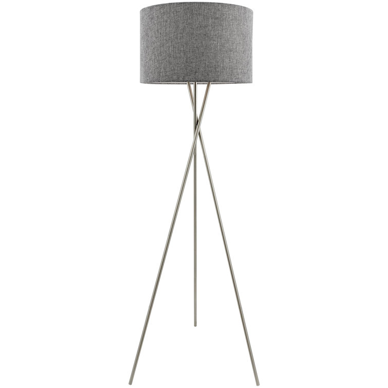 Gray Fabric Shade Brushed Nickel Tripod Floor Lamp