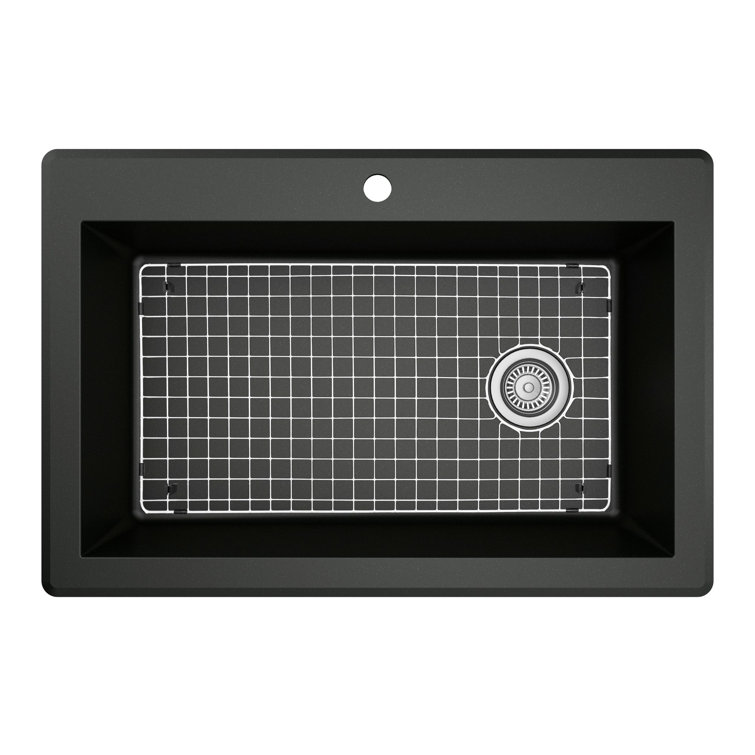 Karran Black Quartz 33'' Single Bowl Drop-In Kitchen Sink with Stainless Steel Faucet