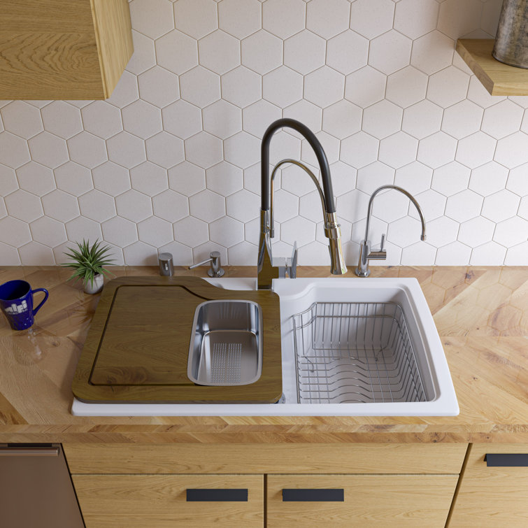 White 35'' Drop-In Single Bowl Granite Kitchen Sink