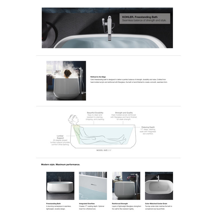 Ceric 65-Inch White Acrylic Freestanding Oval Soaking Tub