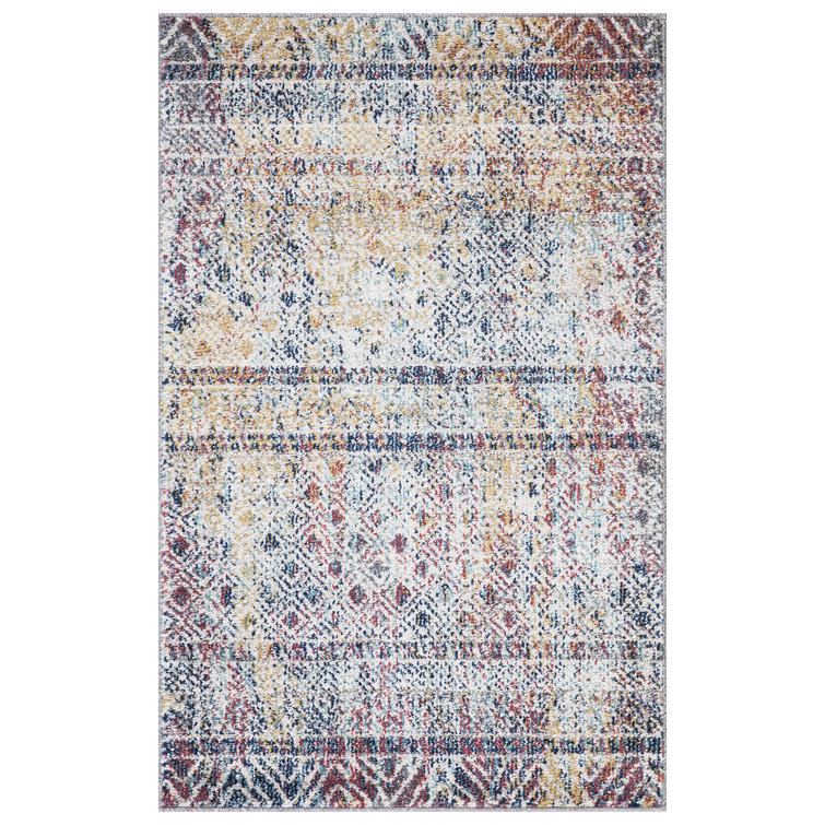Vintage Blue and Multicolor Geometric Synthetic Area Rug 5' x 7'