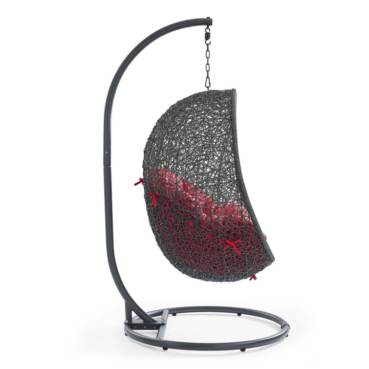 Gray and Red Synthetic Rattan Hanging Chair with Steel Stand