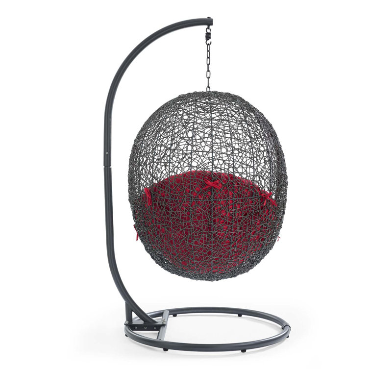 Gray and Red Synthetic Rattan Hanging Chair with Steel Stand