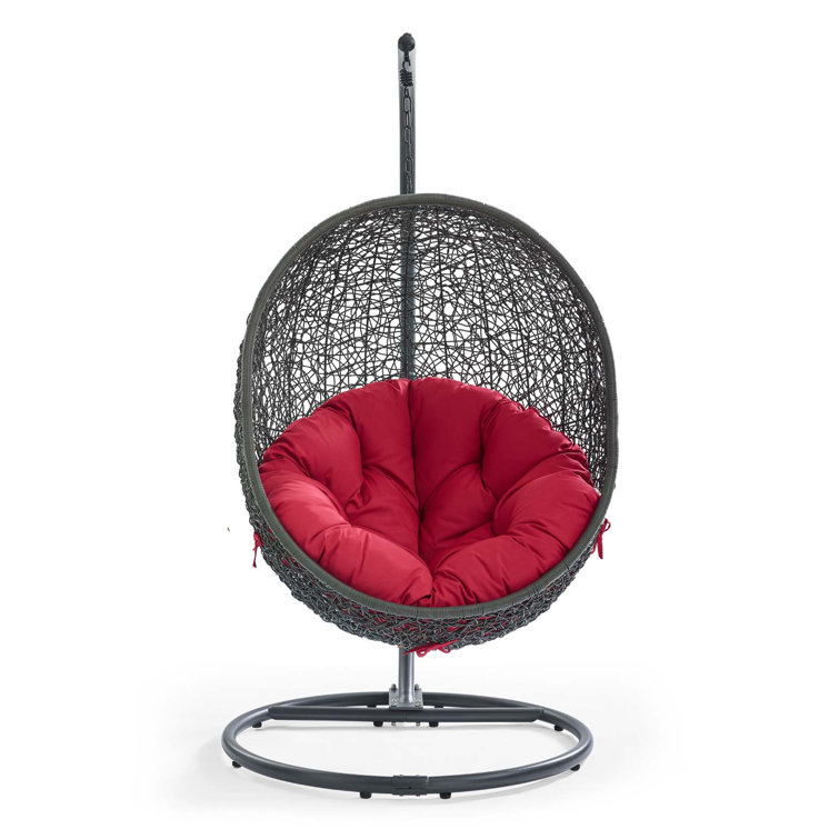 Gray and Red Synthetic Rattan Hanging Chair with Steel Stand