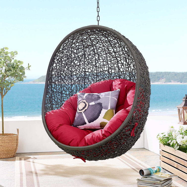 Gray and Red Synthetic Rattan Hanging Chair with Steel Stand