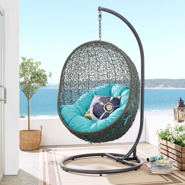 Gray and Turquoise Rattan Outdoor Patio Swing Chair with Stand