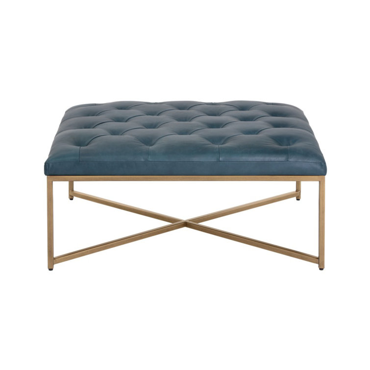 Contemporary Tufted Blue Ottoman in Genuine Leather