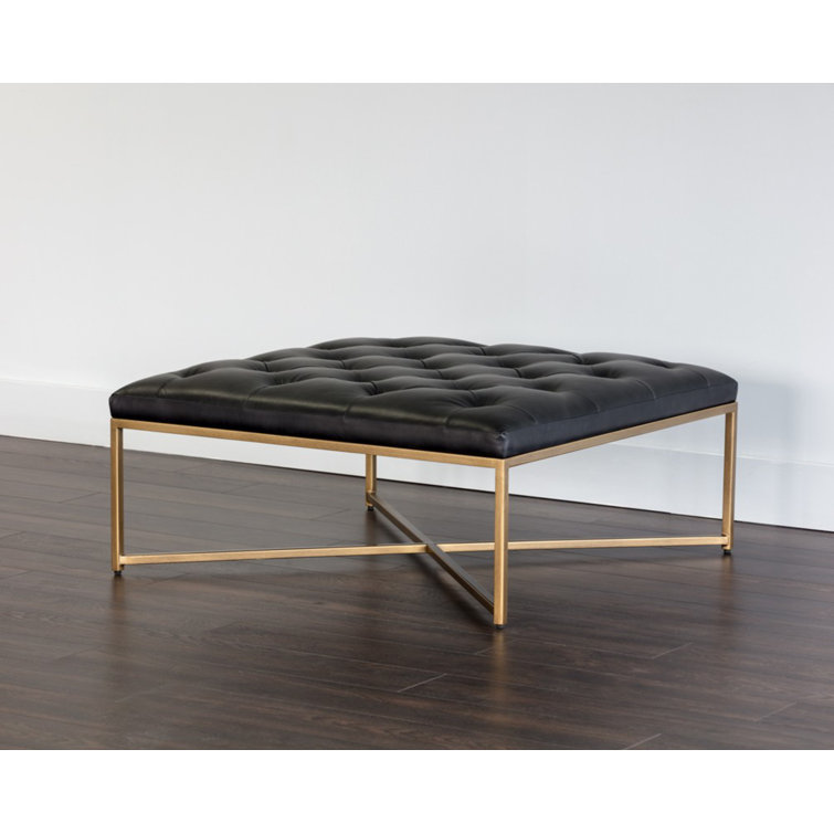 Vintage Black Tufted Top Grain Leather Ottoman