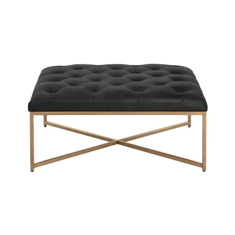 Vintage Black Tufted Top Grain Leather Ottoman