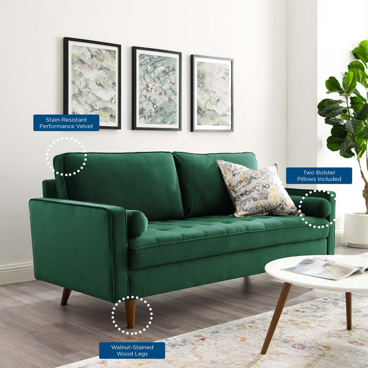 Mid-Century Modern 73'' Green Velvet Tufted Sofa with Wood Legs
