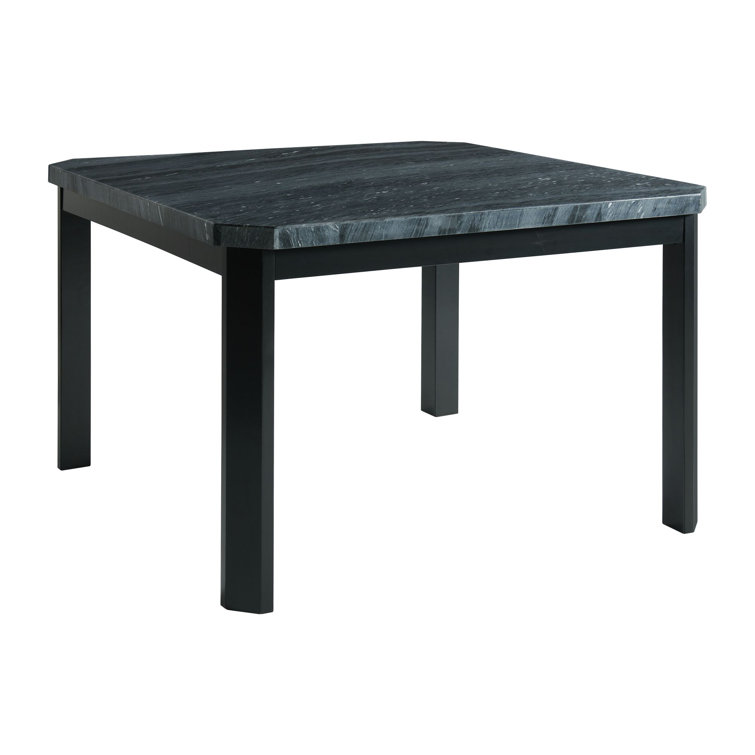 Gray Marble Top Trestle Dining Set with Blue Upholstered Chairs