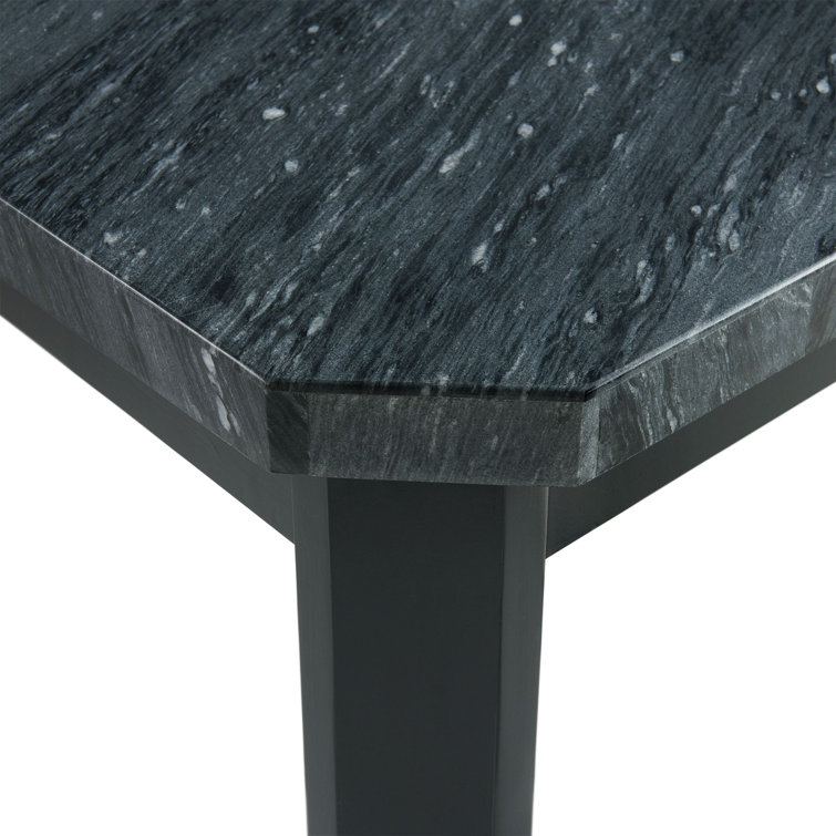 Gray Marble Top Trestle Dining Set with Blue Upholstered Chairs