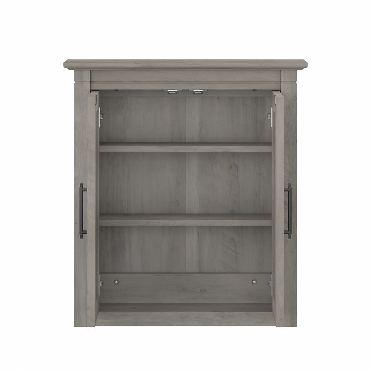 Driftwood Gray Distressed Laminate Bathroom Wall Cabinet with X-Pattern Doors