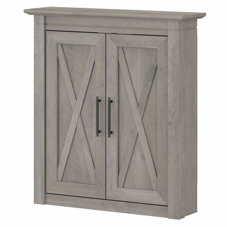 Driftwood Gray Distressed Laminate Bathroom Wall Cabinet with X-Pattern Doors