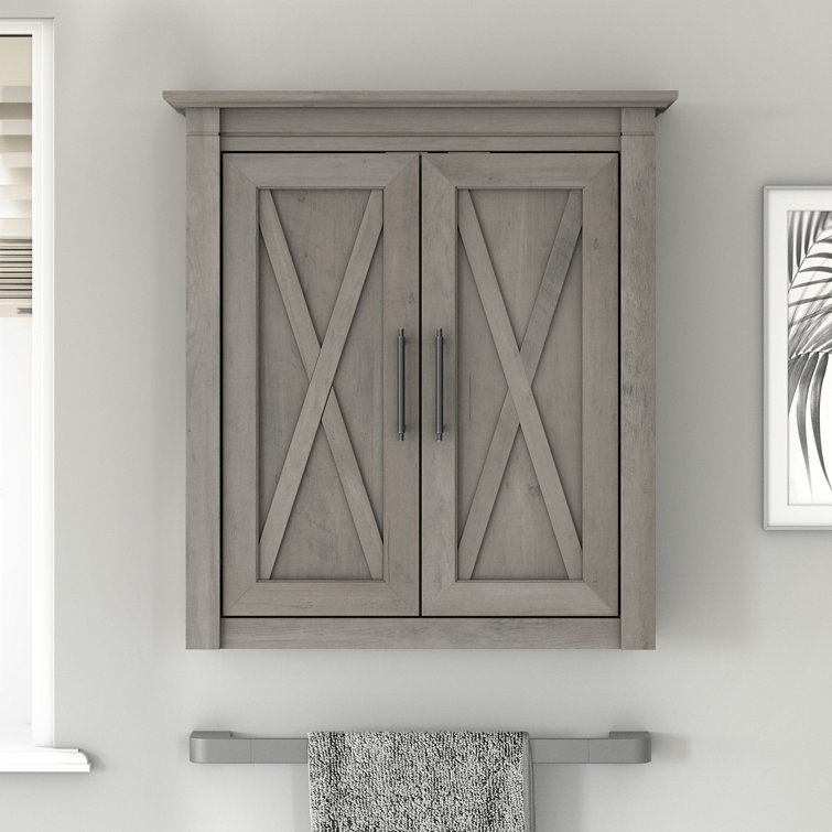 Driftwood Gray Distressed Laminate Bathroom Wall Cabinet with X-Pattern Doors