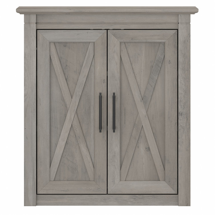 Driftwood Gray Distressed Laminate Bathroom Wall Cabinet with X-Pattern Doors