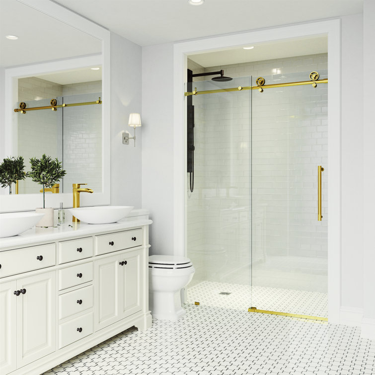 Elan Cass 44-48" Matte Gold Frameless Sliding Shower Door with Clear Glass