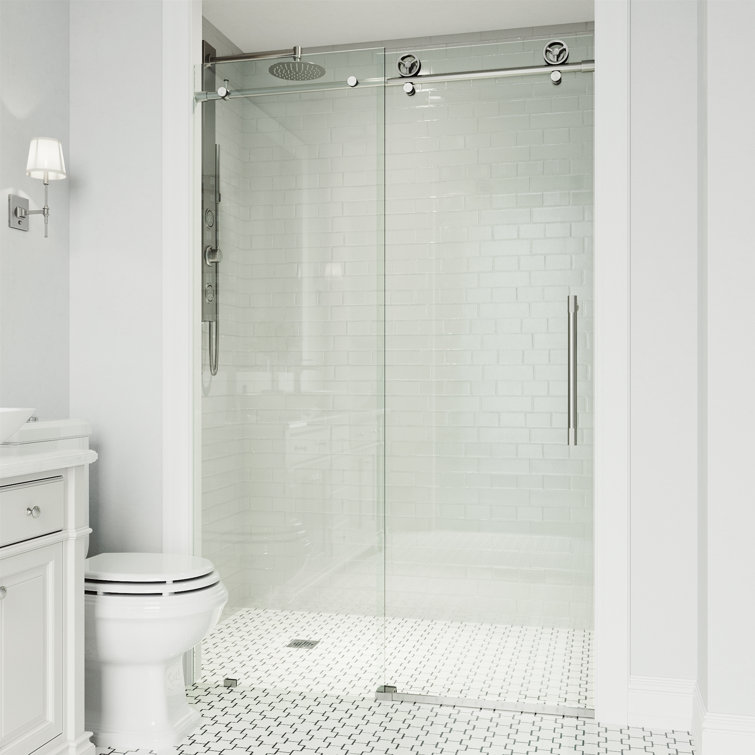 Cass 64" Wide Frameless Sliding Shower Door with Stainless Steel Hardware