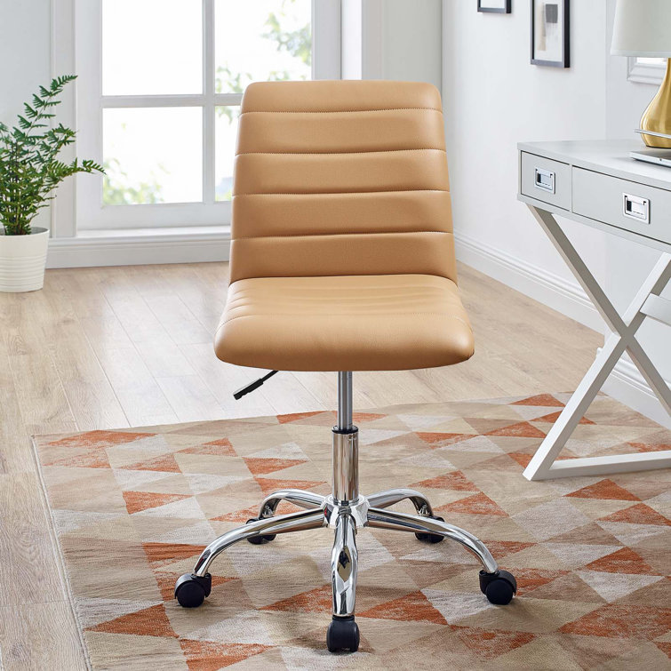 Tan Vinyl Armless Swivel Task Chair with Chrome Base
