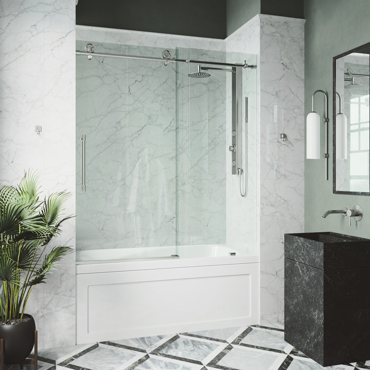 Elan Frameless Sliding Tub Door with Clear Glass and Stainless Steel
