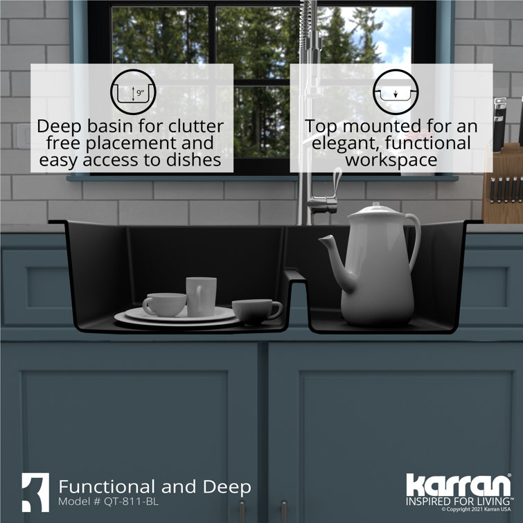 Black Quartz 33'' Double Bowl Top Mount Kitchen Sink