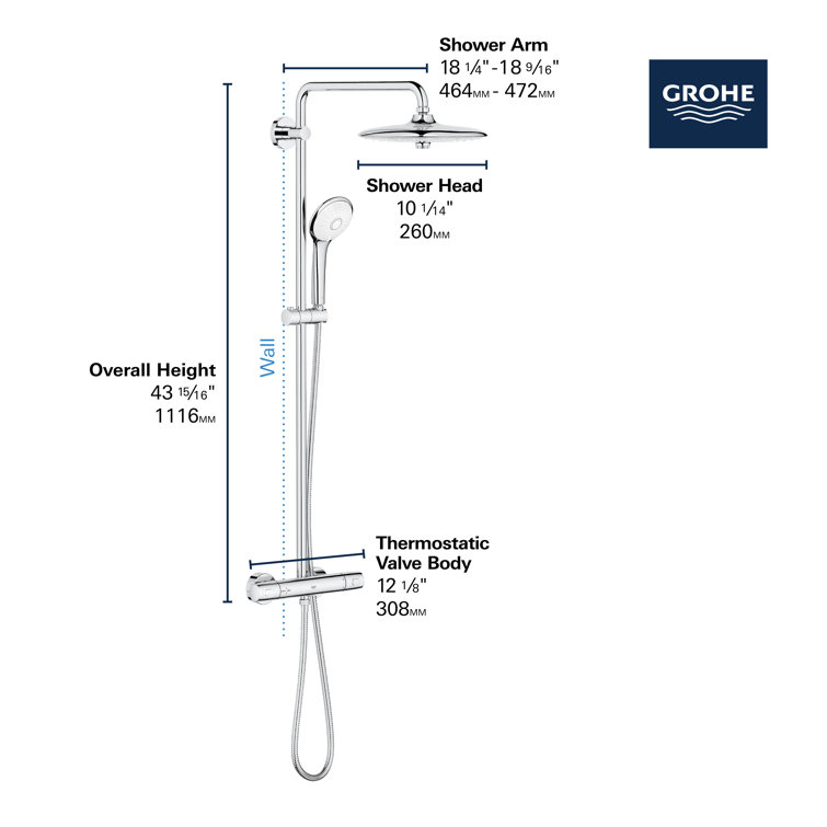 Euphoria 260 Chrome Thermostatic Shower System with Adjustable Height