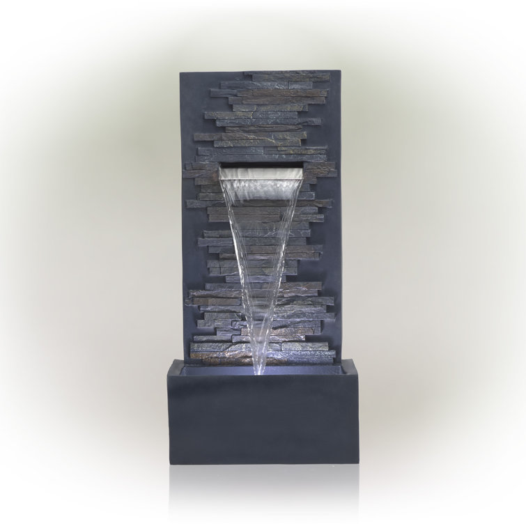 Gray Polystone and Fiberglass Cascading Wall Fountain with LED Lights