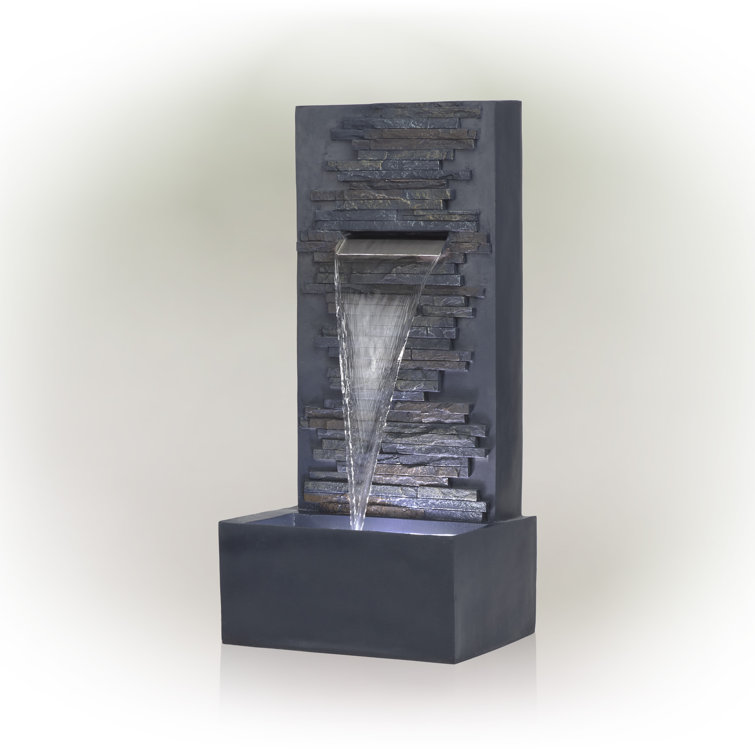 Gray Polystone and Fiberglass Cascading Wall Fountain with LED Lights