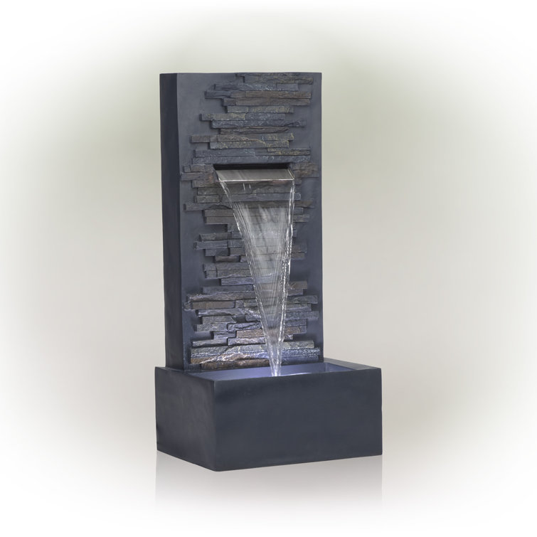 Gray Polystone and Fiberglass Cascading Wall Fountain with LED Lights