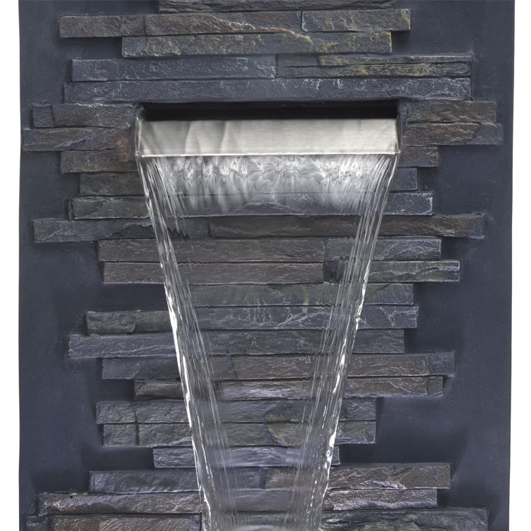 Gray Polystone and Fiberglass Cascading Wall Fountain with LED Lights